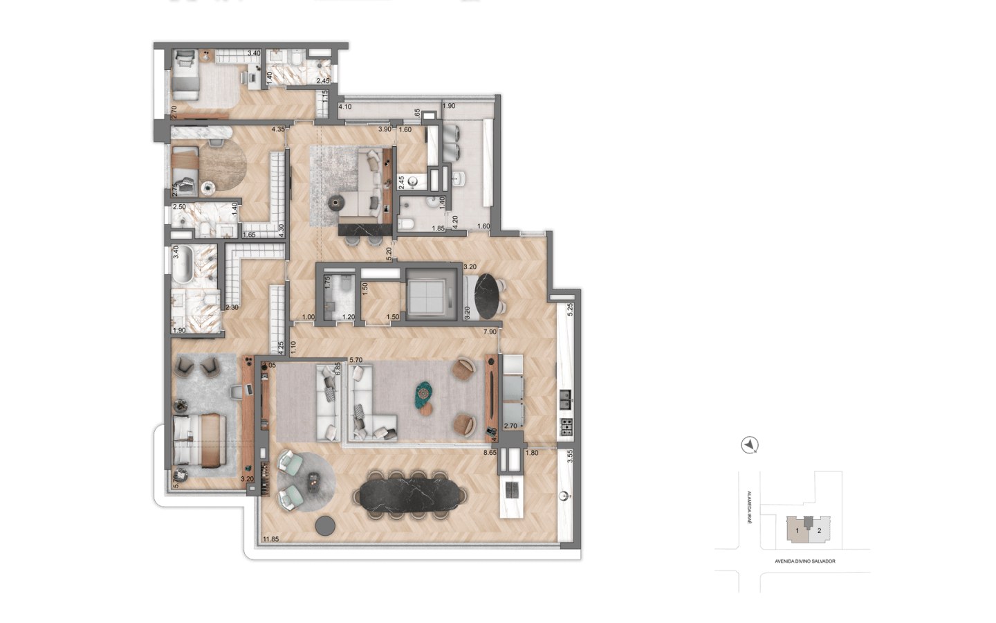 Planta Opção 1 de 251 m² com 3 suítes do Aura Moema by Cyrela