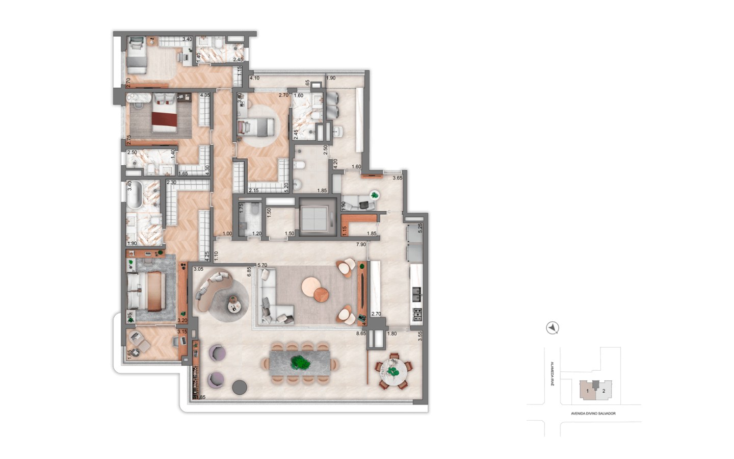 Planta Opção 2 de 251 m² com 4 suítes do Aura Moema by Cyrela