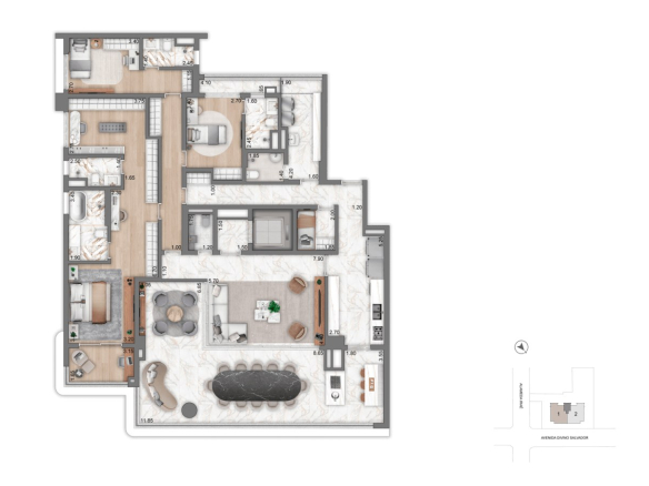 Planta Opção 3 de 251 m² com 3 suítes do Aura Moema by Cyrela