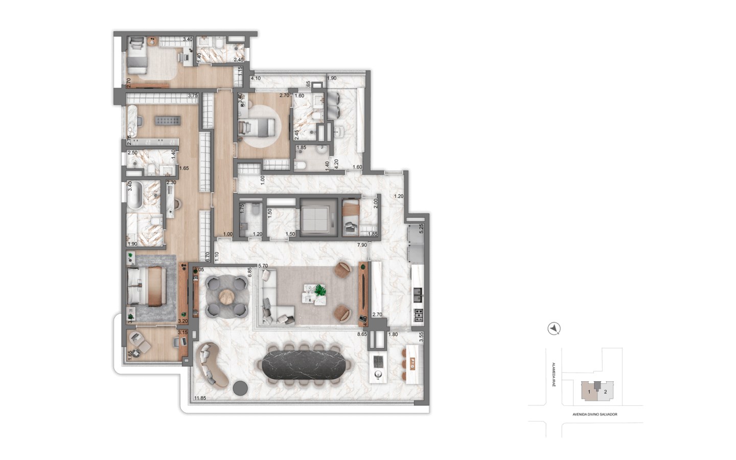 Planta Opção 3 de 251 m² com 3 suítes do Aura Moema by Cyrela
