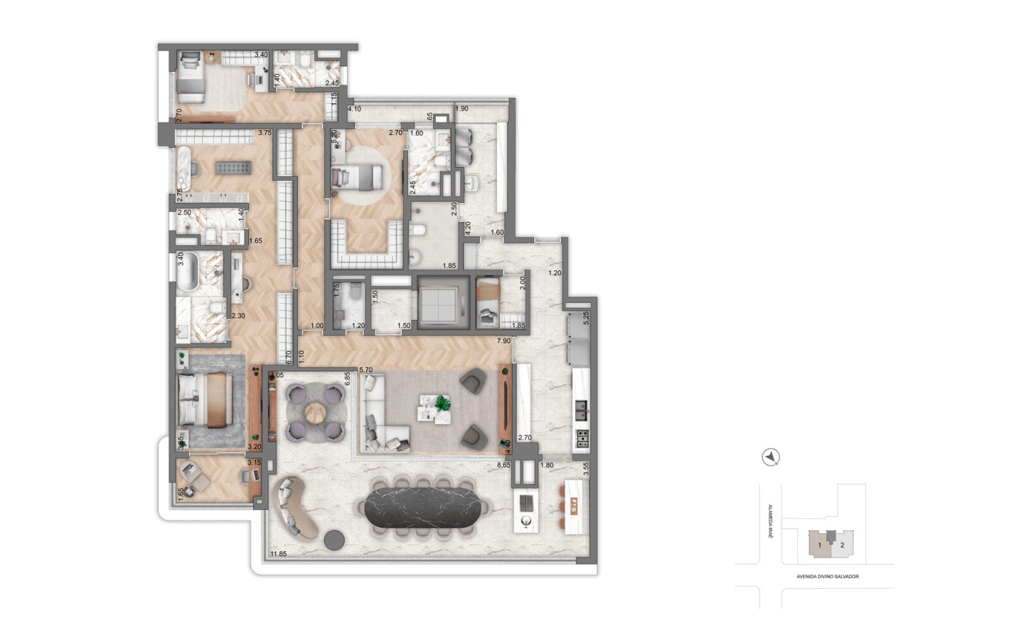 Planta Opção 4 de 251 m² com 4 suítes do Aura Moema by Cyrela