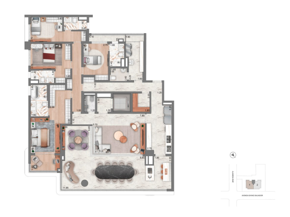 Planta padrão de 251 m² com 4 suítes do Aura Moema by Cyrela