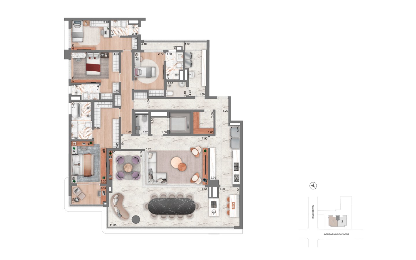 Planta padrão de 251 m² com 4 suítes do Aura Moema by Cyrela