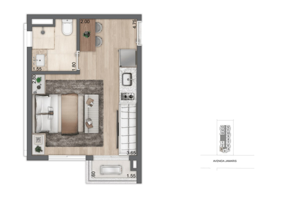 Planta padrão de 21 m² do Aura Moema Studios