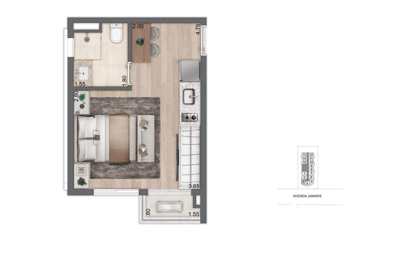 Planta padrão de 21 m² do Aura Moema Studios