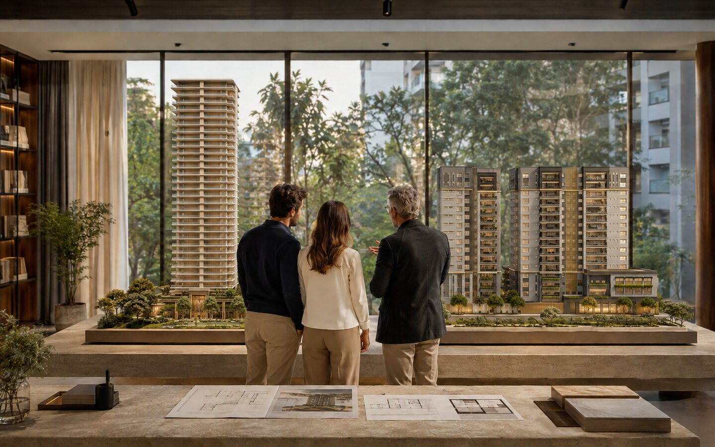 Casal comparando maquetes inspiradas nas torres do Aura Moema e do LIS Moema