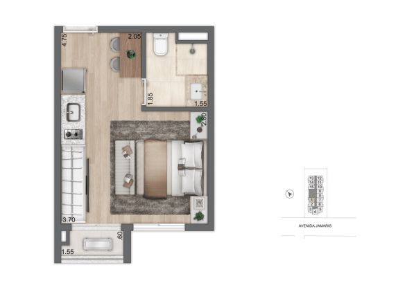 Planta padrão de 21,50 m² do Aura Moema by Cyrela Studios