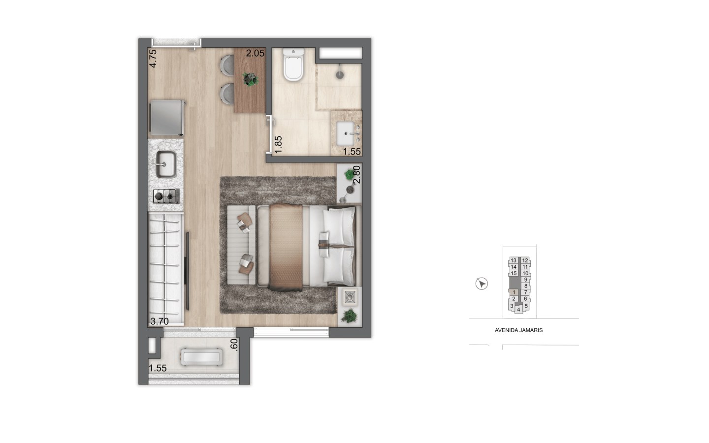Planta padrão de 21,50 m² do Aura Moema by Cyrela Studios