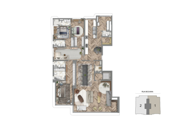 Planta alternativa de 259 m² com 3 suítes, cozinha e sala íntima ampliadas do Aura Pacaembu by Cyrela