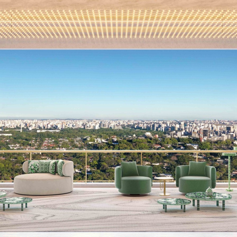 Perspectiva oficial do living do apartamento de 247 m² do CAPRI
