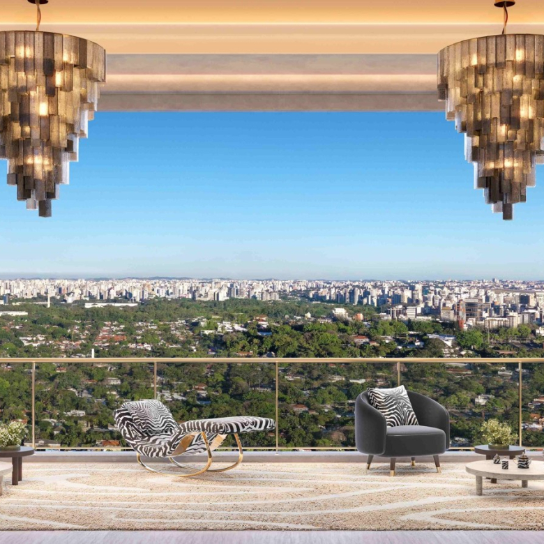 Perspectiva oficial do living do apartamento de 279 m² do CAPRI