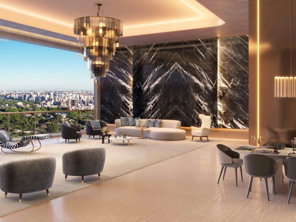 Perspectiva oficial do living de 279 m² em outro ângulo