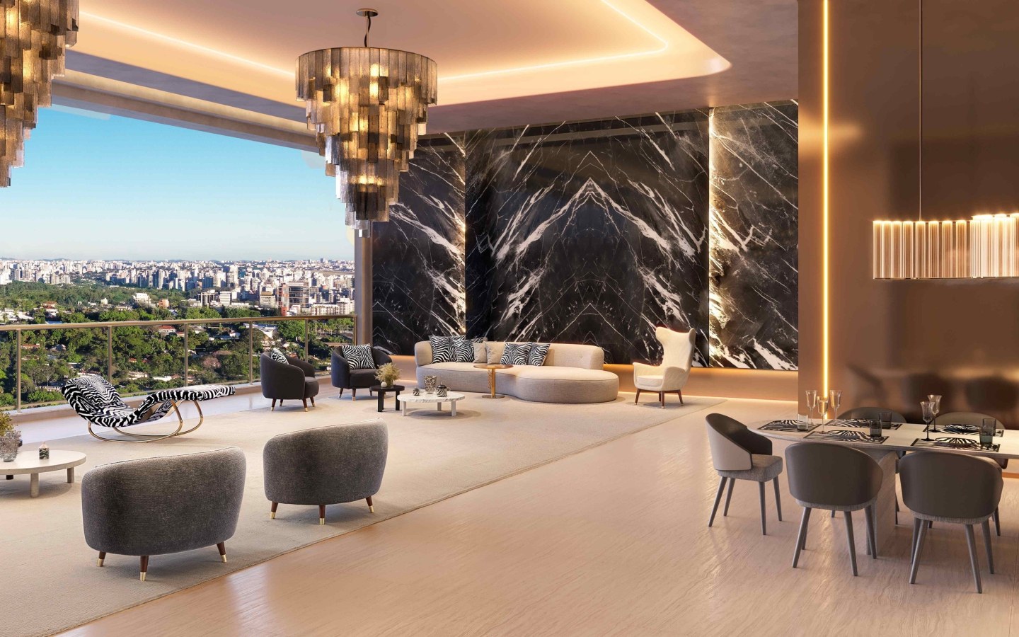 Perspectiva oficial do living de 279 m² em outro ângulo