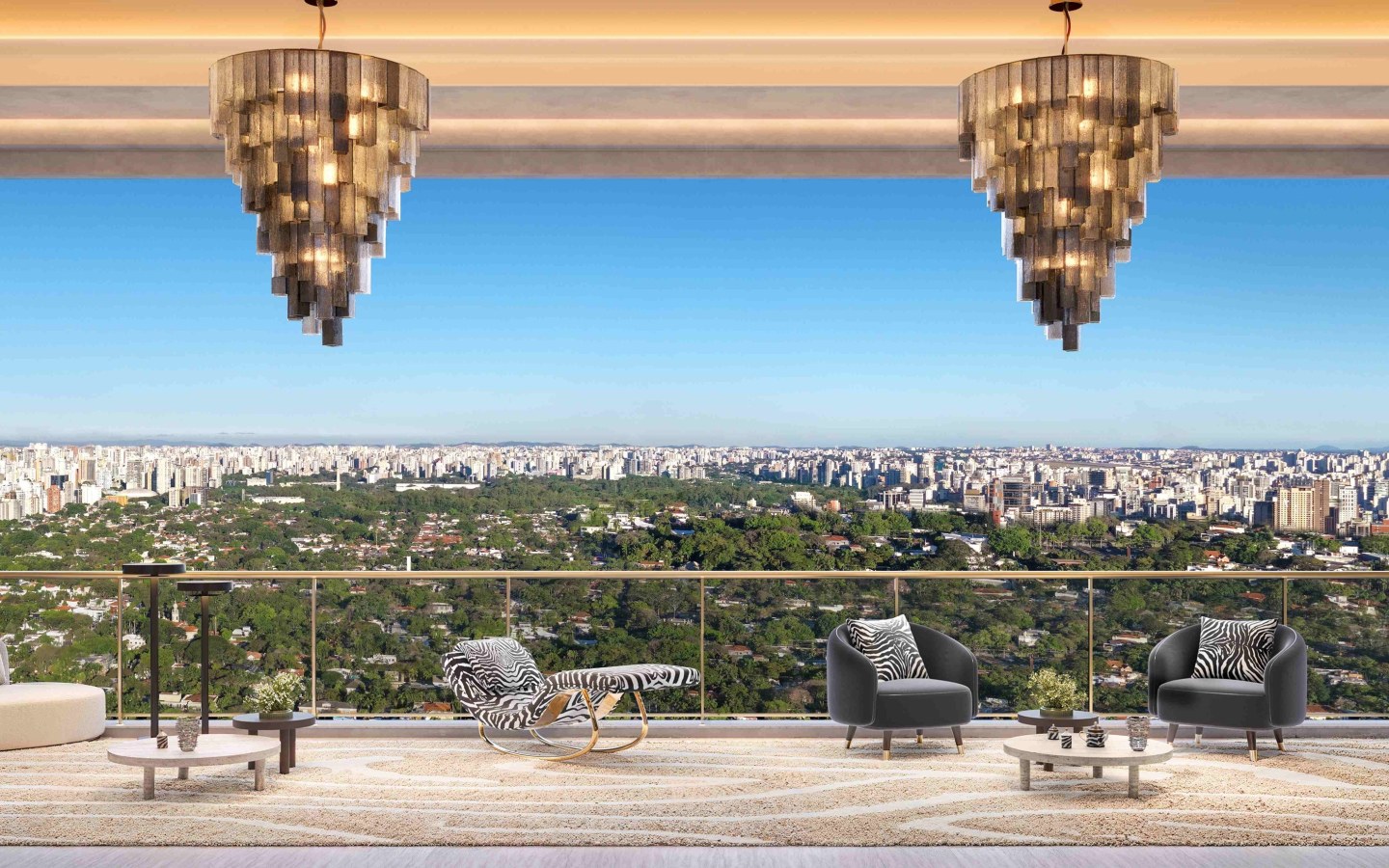 Perspectiva oficial do living do apartamento de 279 m² do CAPRI