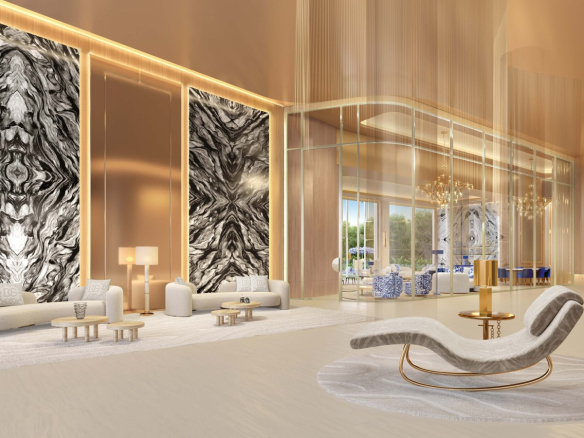 Perspectiva oficial do lobby residencial em outro ângulo