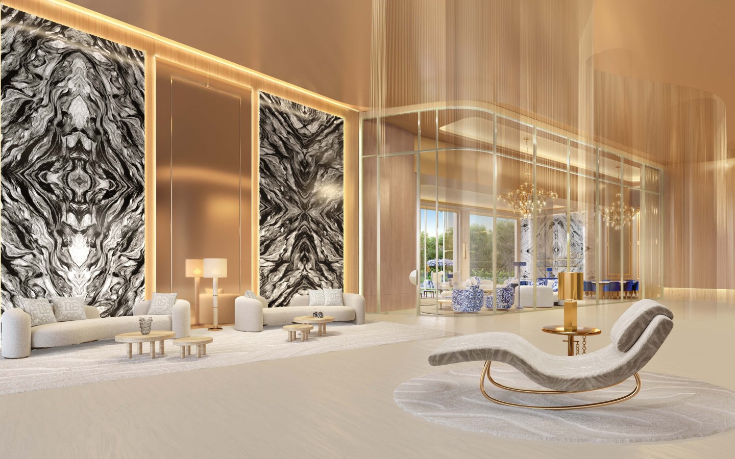 Perspectiva oficial do lobby residencial em outro ângulo
