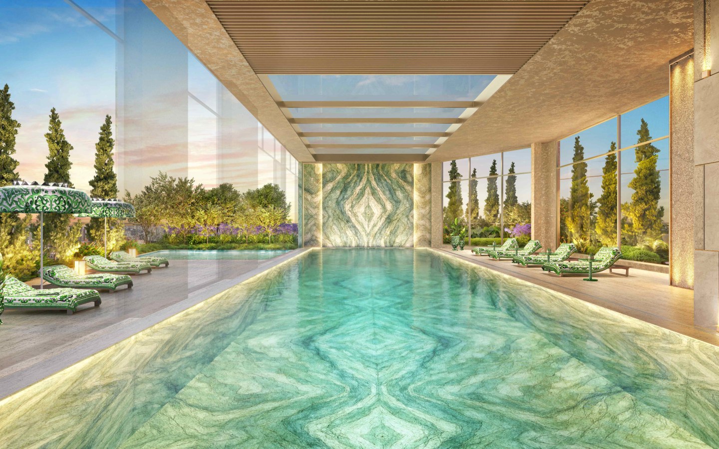 CAPRI Lifestyle by Dolce&Gabbana Casa – Atendimento Especializado (11) 4237-8776 Perspectiva oficial da piscina coberta Verde Maiolica