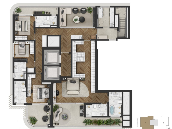 Planta oficial do piso inferior da cobertura duplex de 516 m² do CAPRI