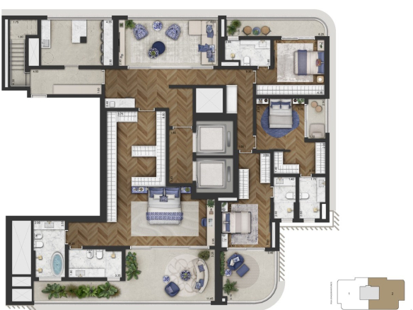 Planta oficial do piso inferior da cobertura duplex de 591 m² do CAPRI