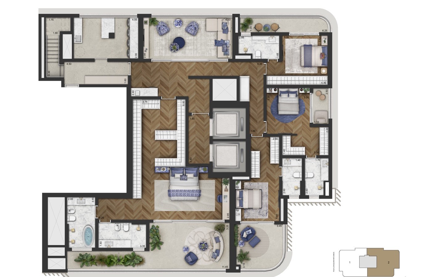 CAPRI Lifestyle by Dolce&Gabbana Casa – Atendimento Especializado (11) 4237-8776 Planta oficial do piso inferior da cobertura duplex de 591 m² do CAPRI