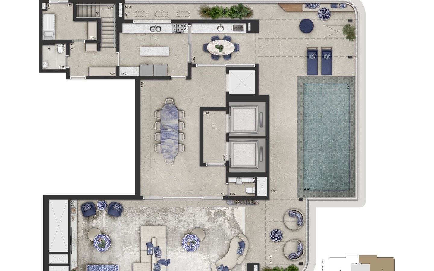 CAPRI Lifestyle by Dolce&Gabbana Casa – Atendimento Especializado (11) 4237-8776 Planta oficial do piso superior da cobertura duplex de 591 m² do CAPRI