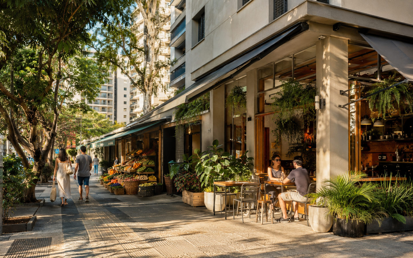 Rua arborizada de Moema com café independente, pequeno mercado e comércio de bairro