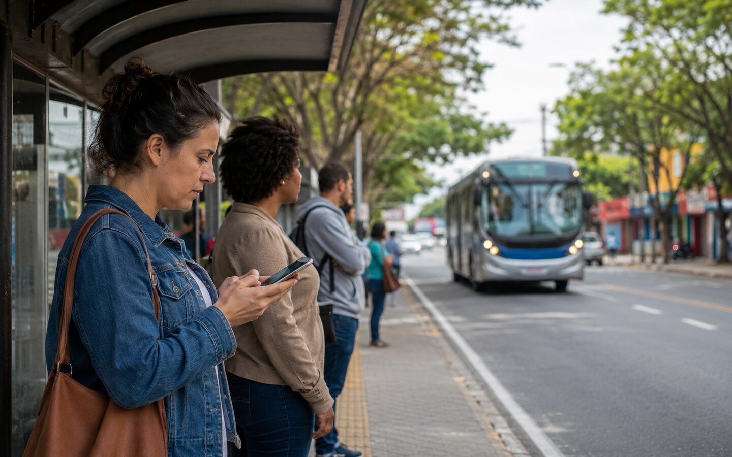 Passageiros consultando o trajeto enquanto aguardam o ônibus, imagem ilustrativa