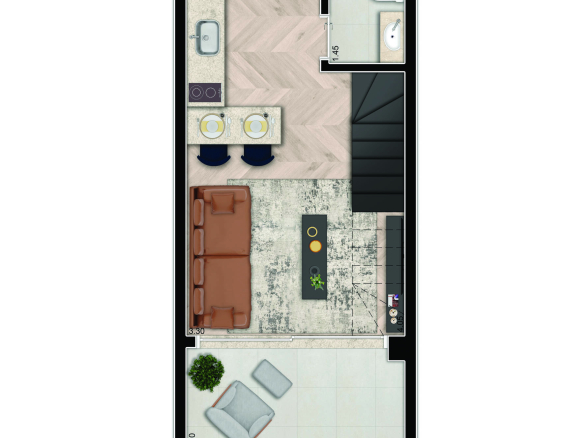 Planta oficial do pavimento inferior do duplex de 61 m² do Cyrela For You Moema