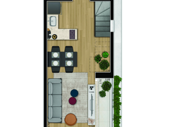 Planta oficial do pavimento inferior do duplex de 73 m² do Cyrela For You Moema