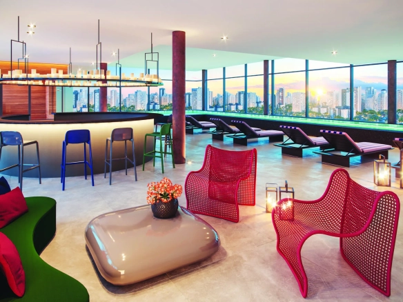 Perspectiva oficial do lounge bar do Cyrela For You Moema