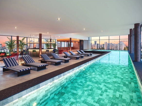Perspectiva oficial da piscina com raia do Cyrela For You Moema