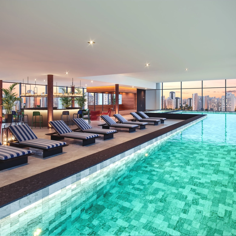 Perspectiva oficial da piscina com raia do Cyrela For You Moema