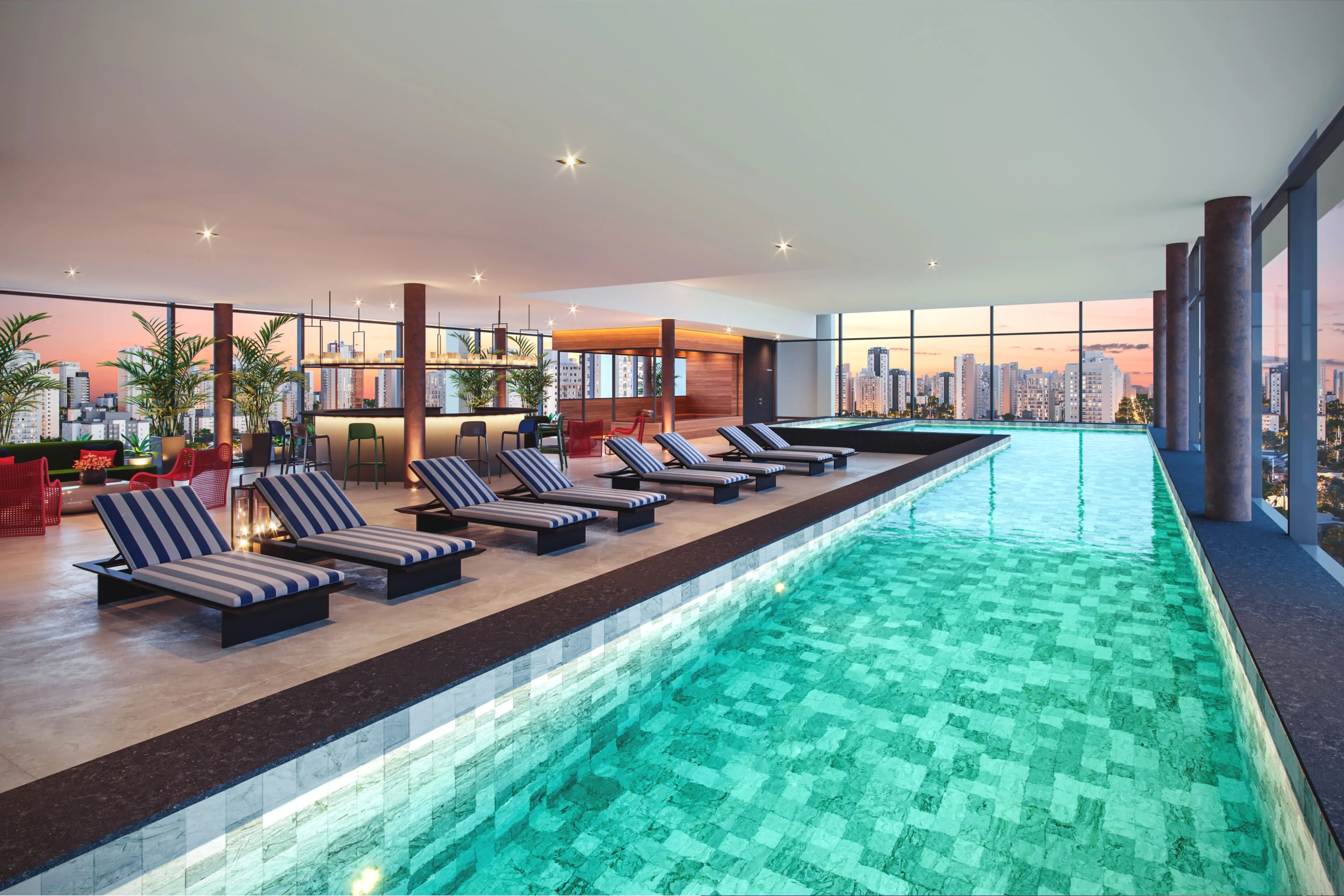 Perspectiva oficial da piscina com raia do Cyrela For You Moema