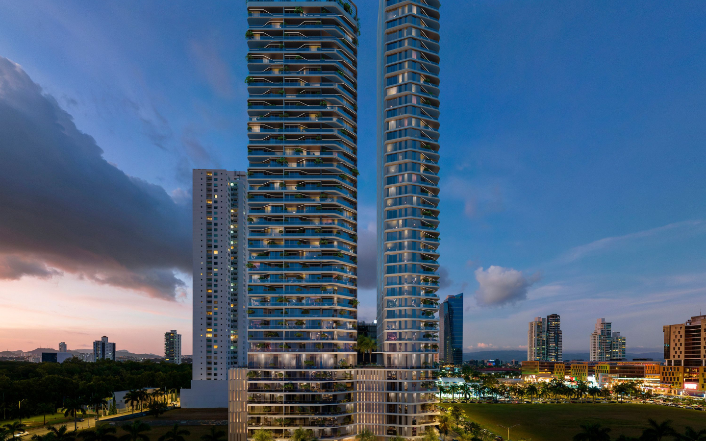 Perspectiva das torres DIECI by Pininfarina em Costa del Este, Cidade do Panamá