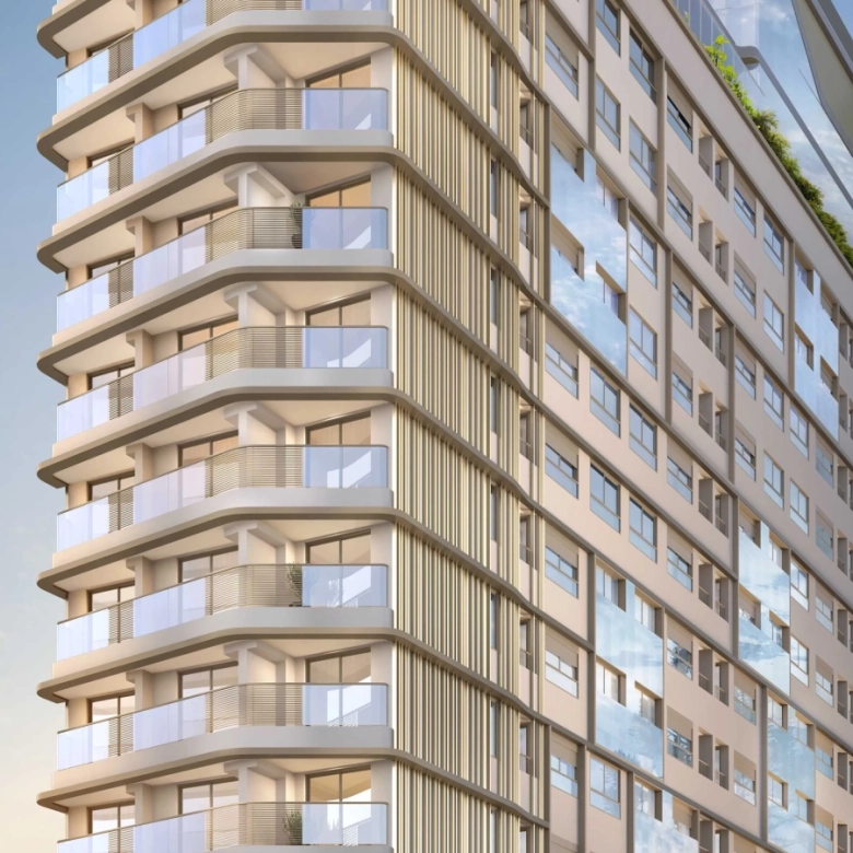 Perspectiva da fachada da torre do Epic Apartments