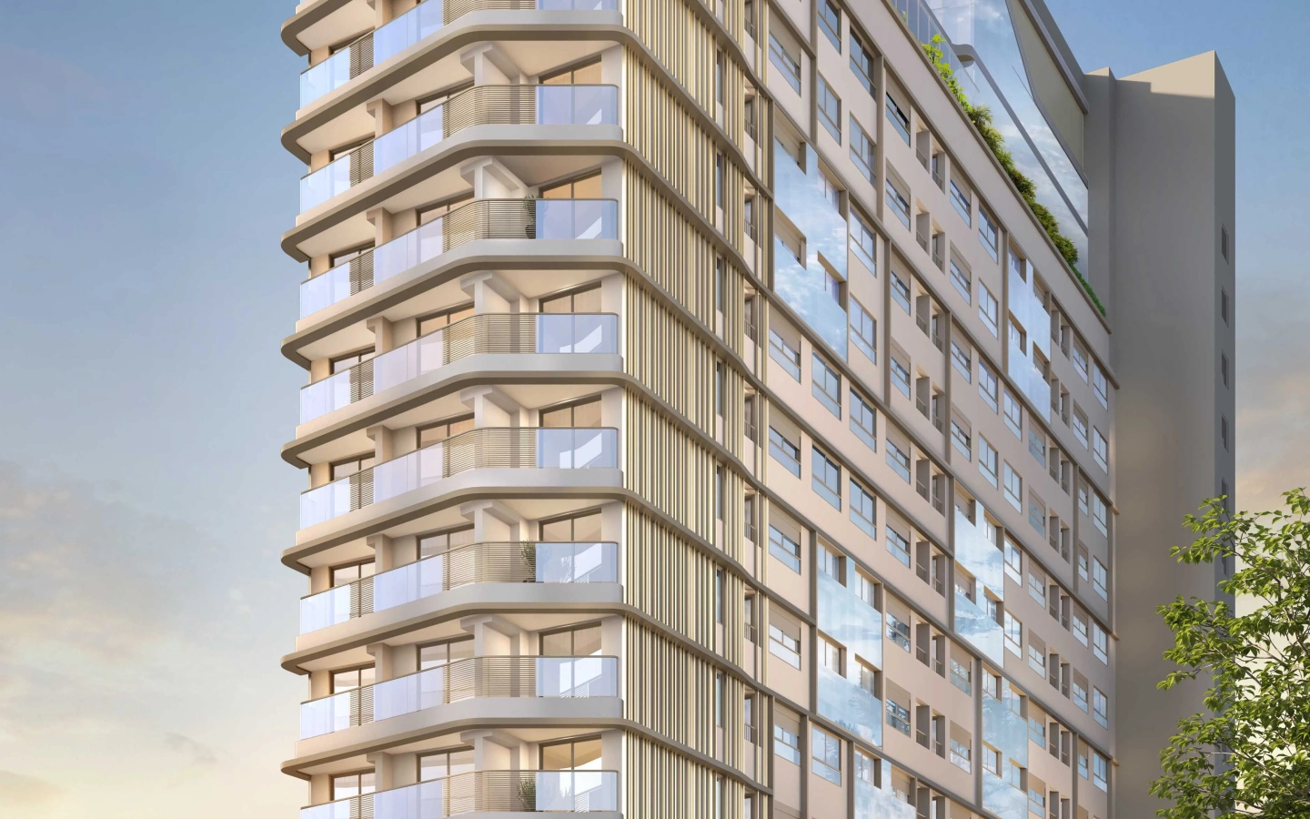 Perspectiva da fachada da torre do Epic Apartments
