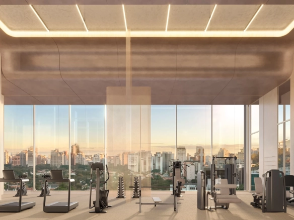 Perspectiva do espaço fitness do Epic Apartments