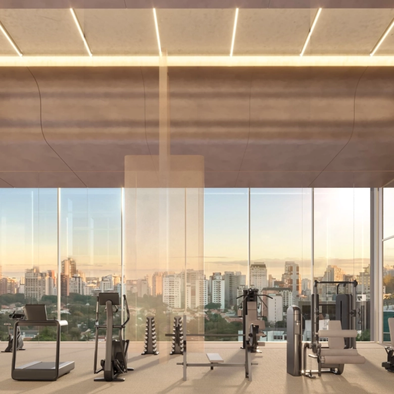 Perspectiva do espaço fitness do Epic Apartments