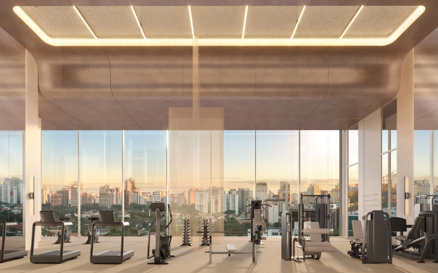 Perspectiva do espaço fitness do Epic Apartments