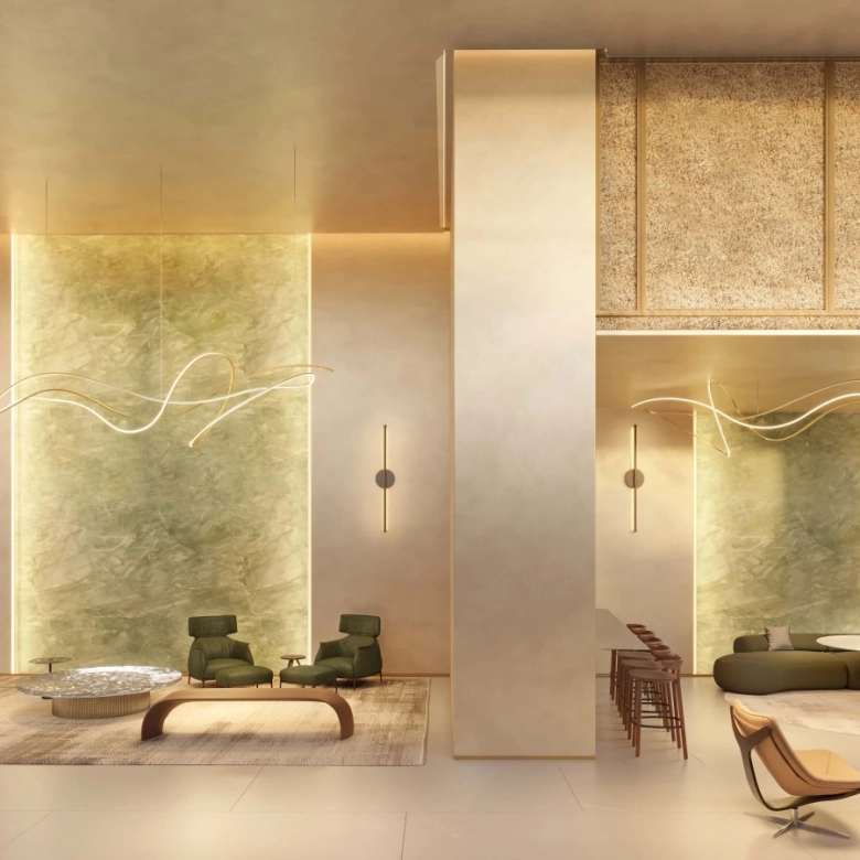 Perspectiva do lobby do Epic Apartments