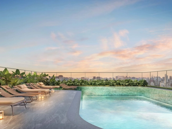 Perspectiva da piscina descoberta do Epic Apartments