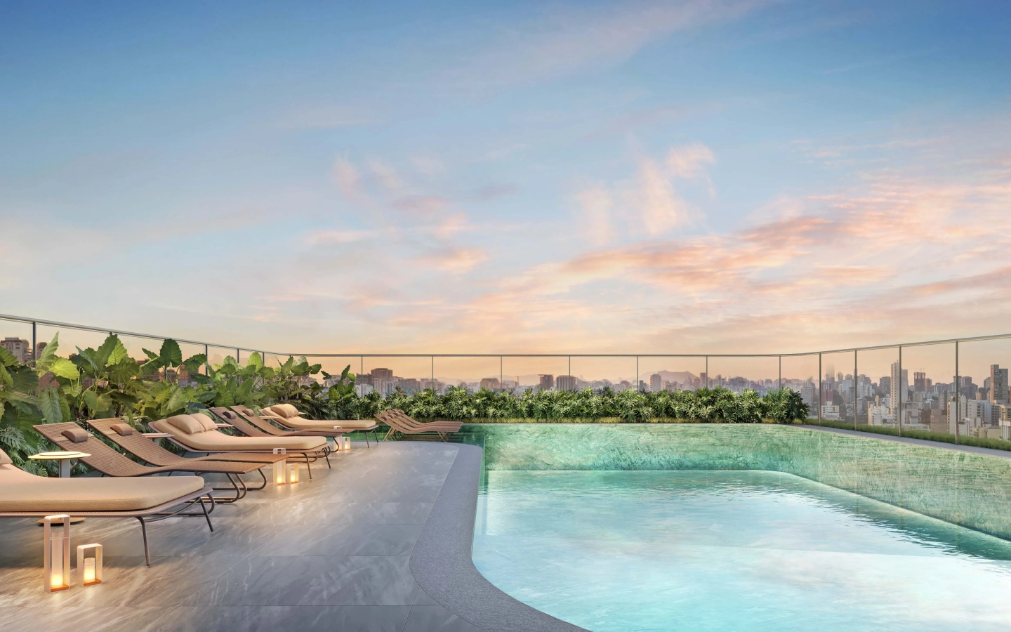Perspectiva da piscina descoberta do Epic Apartments