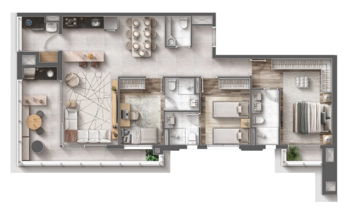 Planta de 108 m² com 3 suítes no Eternity Residence