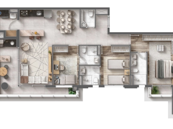 Planta de 108 m² com 3 suítes