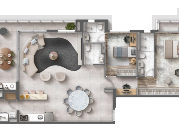 Planta de 122 m² com sala ampliada