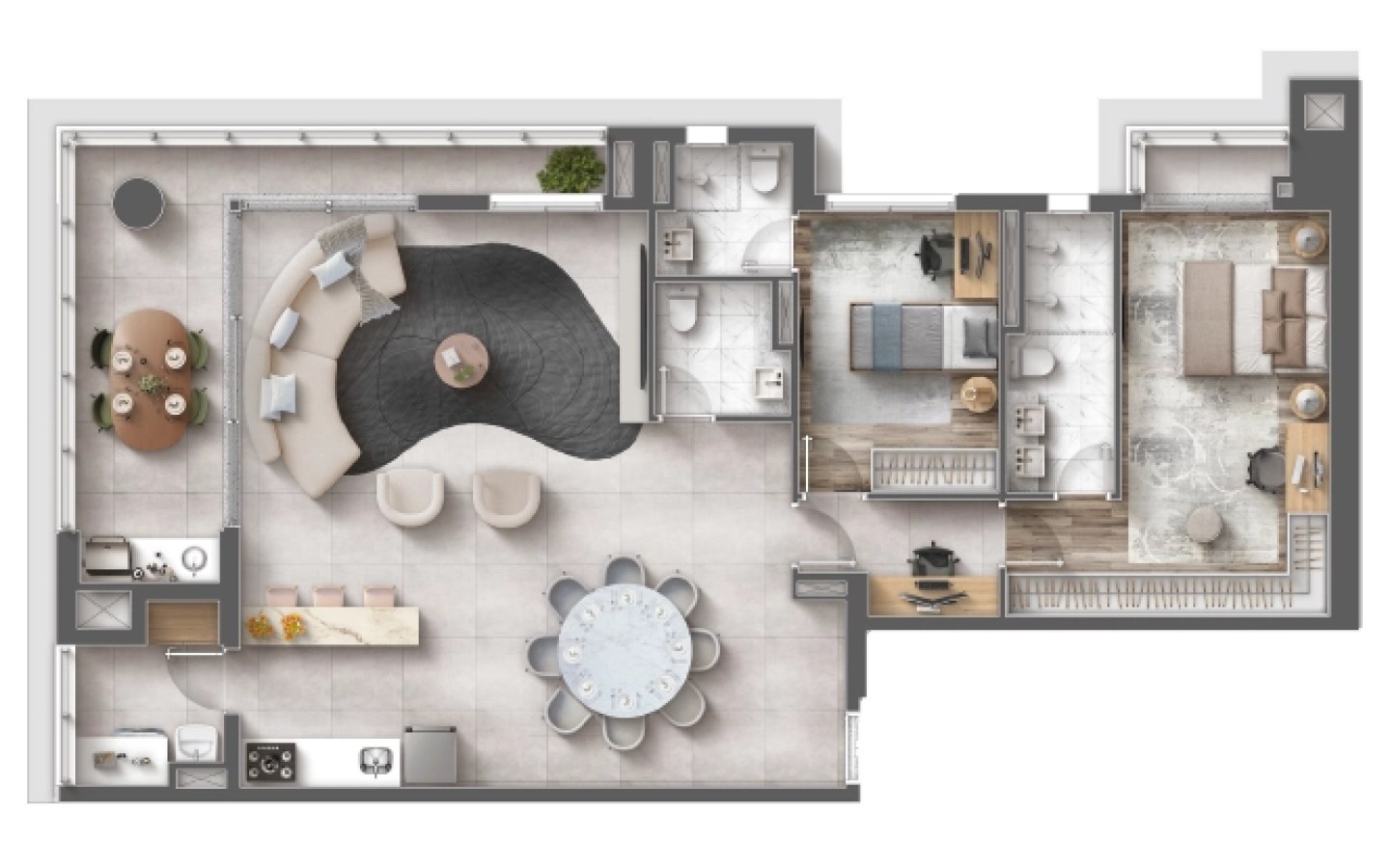 Planta de 122 m² com sala ampliada no Eternity Residence