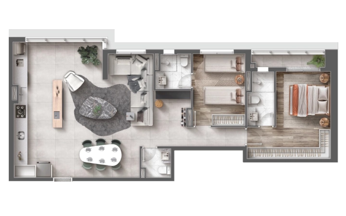 Planta de 93 m² com sala ampliada