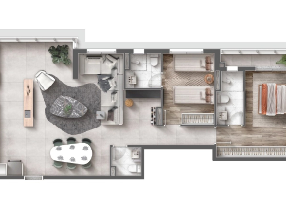 Planta de 93 m² com sala ampliada
