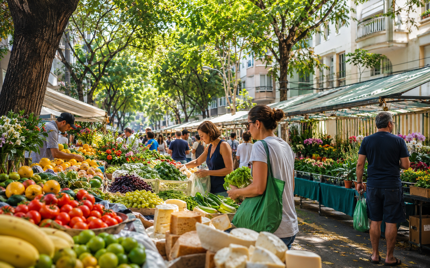 Feira livre de bairro em Moema com frutas, verduras, flores e produtores independentes