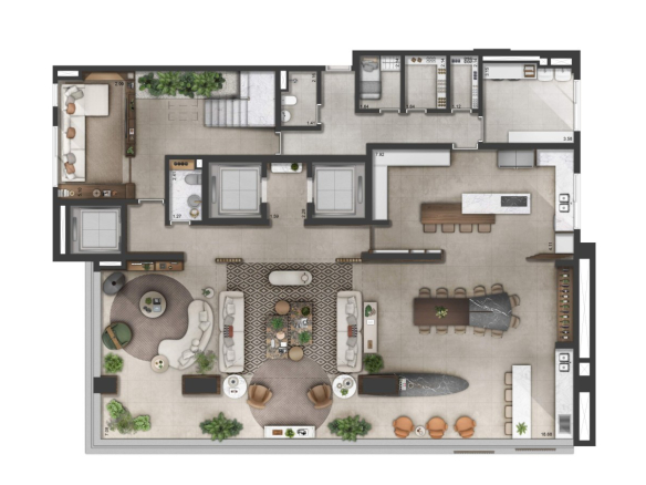 Planta do pavimento inferior decorado do duplex de 565 m² do Florà Alphaville